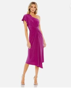 MAC DUGGAL 12480 ONE SHOULDER STRETCH MIDI JERSEY MAGENTA DRESS sz 14